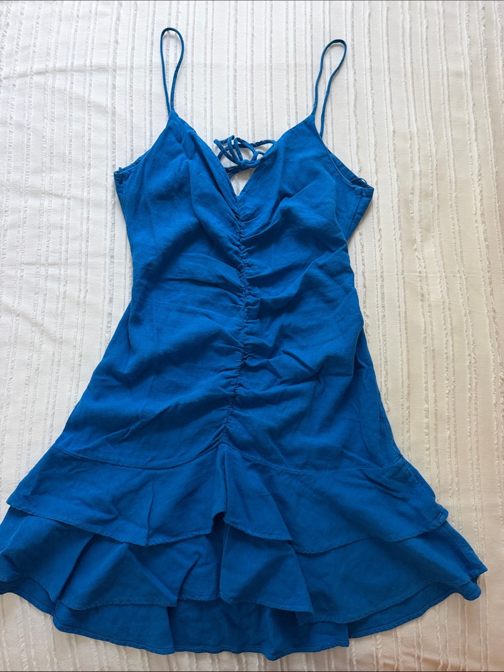 Zara Blue Ruffle Linen Slip Dress with Spaghetti Straps